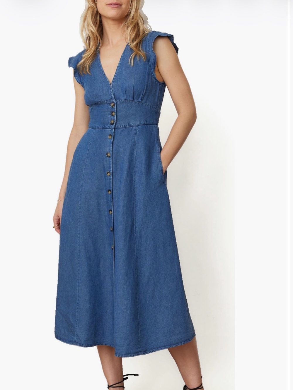 Marine Layer Camila Tencel Linen Chambray Midi Dress XL Blue